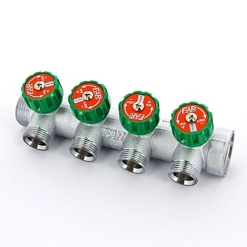 Коллектор распределительный 1 , проходной, хромированный, 4 отвода 3/4  ЕК FAR