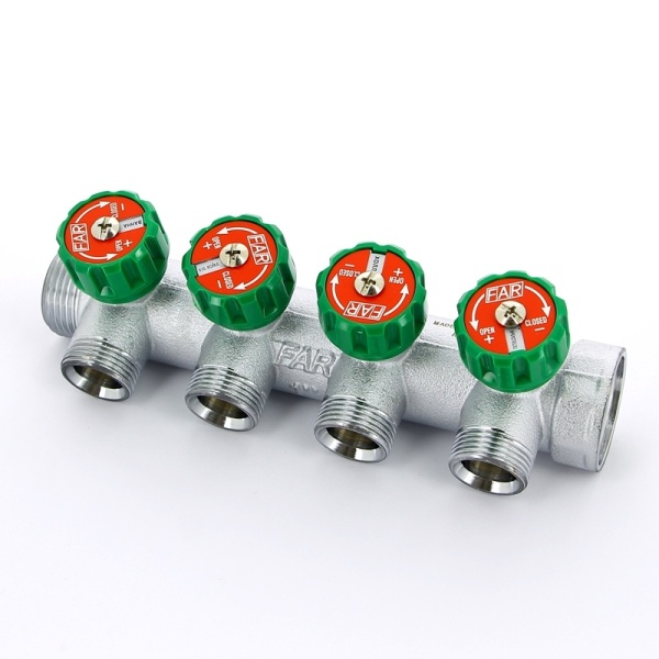 Коллектор распределительный 1 , проходной, хромированный, 4 отвода 3/4  ЕК FAR