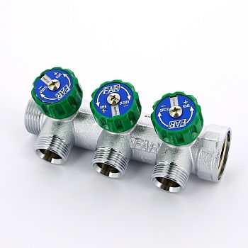 Коллектор распределительный 1 , проходной, хромированный, 3 отвода 3/4  ЕК FAR