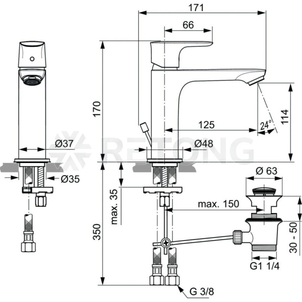 Смес/умыв CONNECT AIR Grande однор лит/изл дон/кл Ideal Standard A7012AA
