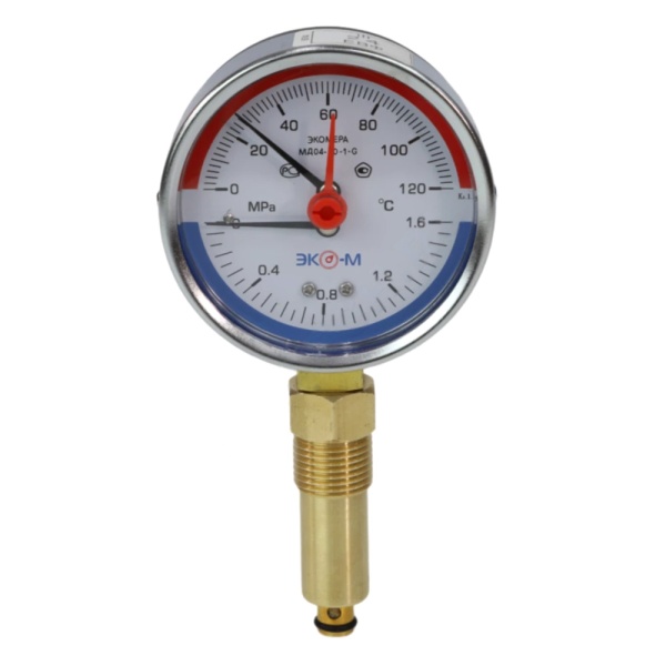Термоманометр радиальный Varmega VMMT07-800404, диаметр 80 мм, 4 бар, 120°С, 1/2", с запорным клапан