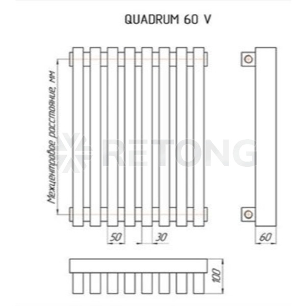 Радиатор трубч QUADRUM 60V 1-1750 6 секц без т/кл ниж/п прав RAL1Т104S9016 КЗТО