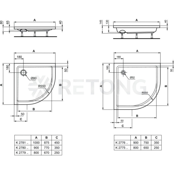 Поддон акр HOTLINE 80х80 полукруг Ideal Standard K277901