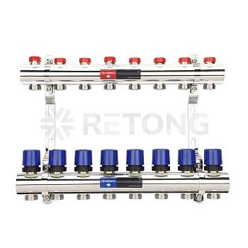 Коллекторная группа для отопления Varmega VM15808 ВР 1", на 8 контуров 3/4" EK, латунь