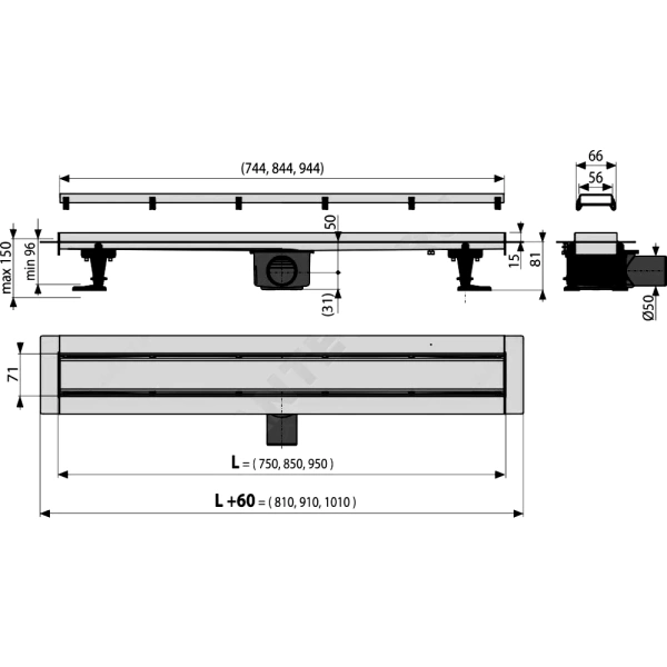 Лоток душев гор/вып комб/з Дн50 950х71 нж/реш 2стор Alca APZ13-DOUBLE9-950