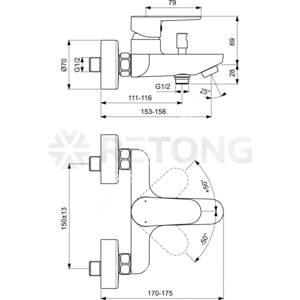 Смес/ванна TYRIA однор кор/изл б/к Ideal Standard BC157AA