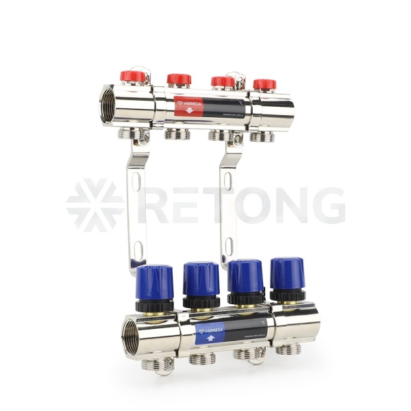 Коллекторная группа для отопления Varmega VM15804 ВР 1", на 4 контура 3/4" EK, латунь