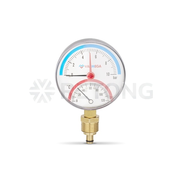 Термоманометр радиальный Varmega VMMT07-801004, диаметр 80 мм, 10 бар, 120°С, 1/2", с запорным клапа