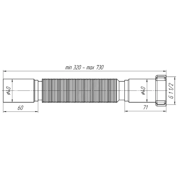Гофра с гайкой 1 1/2"x40 L=320-730мм АНИ Пласт K104