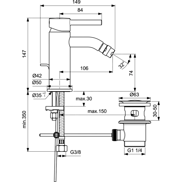 Смес/биде CERALINE однор лит/изл дон/кл Ideal Standard BC197XG