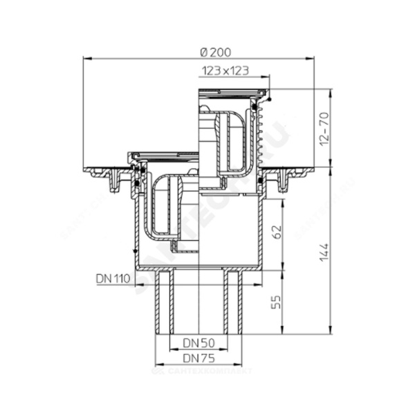 Трап рег верт/вып сух/затв Дн50/75/110 нерж/реш 115х115 HL HL310Prblue