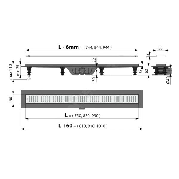 Лоток душев гор/вып комб/з Дн40 950х60 нж/реш мат Alca AG100401950