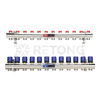 Коллекторная группа для отопления Varmega VM15812 ВР 1", на 12 контуров 3/4" EK, латунь