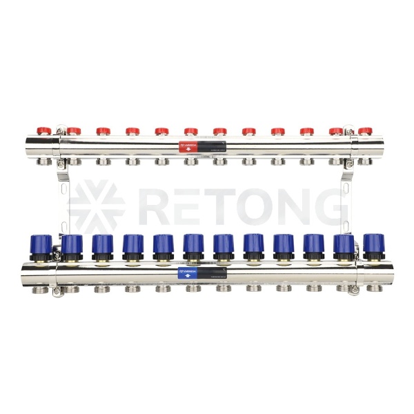 Коллекторная группа для отопления Varmega VM15812 ВР 1", на 12 контуров 3/4" EK, латунь