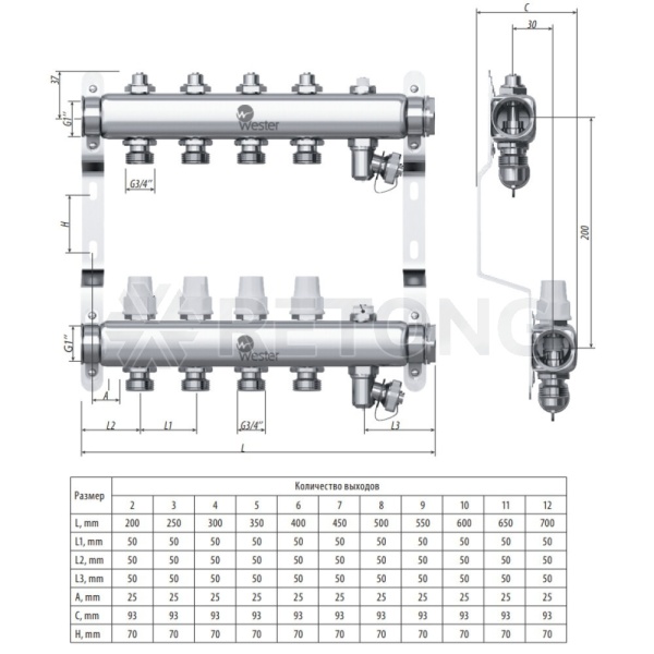 Группа коллект нерж 1" м/м 2в 3/4" ЕК н/р в/к Wester 0-32-1865