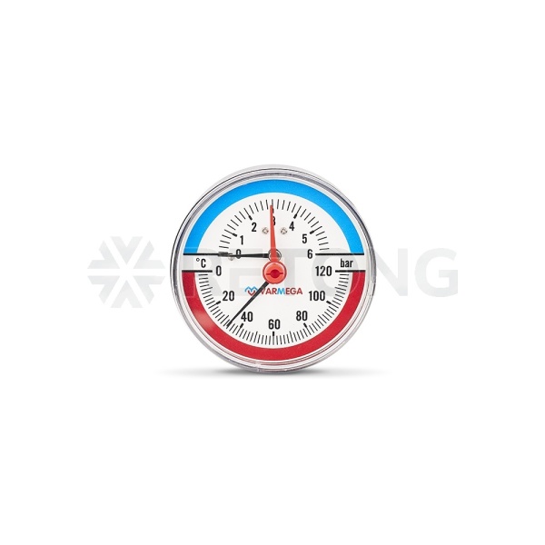 Термоманометр аксиальный Varmega VMMT06-800604, диаметр 80 мм, 6 бар, 120°С, 1/2", с запорным клапан