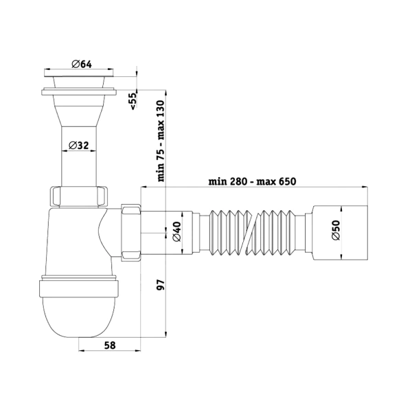Сифон умыв/мойка бут лит/вып 1 1/4"x40 гофр 40х50 нерж/сетка Ани АНИ Пласт C2010