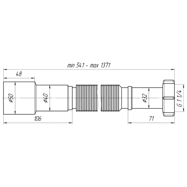 Гофра с гайкой 1 1/4"x40/50 L=541-1371мм АНИ Пласт K216