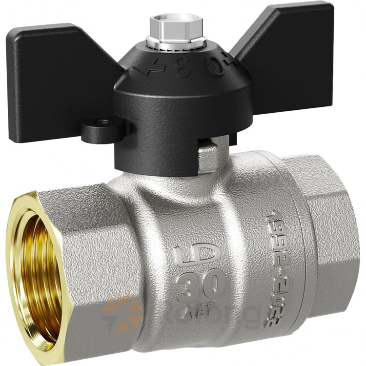 Кран шаровой латунь никель Pride Ду 32 Ру25 ВР бабочка черная аналог 11б27п1 LD 47.32.В-В.Б