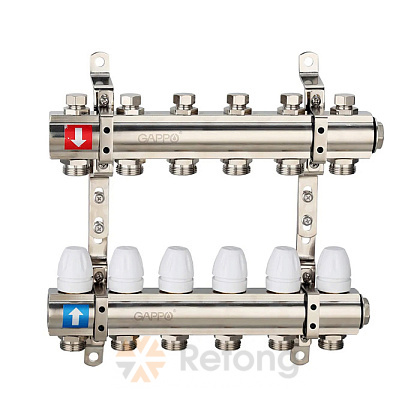 Коллектор Gappo регулируемый с запорными клапанамииз латуни 1&amp;quot; x 3/4&amp;quot; 6-вых.(комп. 2 загл. 2 кронш