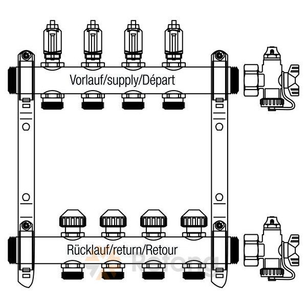 Группа коллекторная нержавеющая сталь 1&amp;quot; НР/НР 2 вых 3/4&amp;quot; НР под евроконус с расходомерами HKV-D Rehau 12080211002