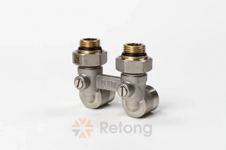 Блок шаровых кранов РЕХАУ с соед. нип. G 1/2xG 3/4, угловой (никелирован.)