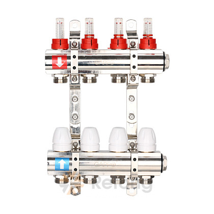 Коллектор Gappo регулируемый с расходомерами из латуни 1&amp;quot; x3/4&amp;quot; 3-вых.- 2 загрушки- 2 кронштейна